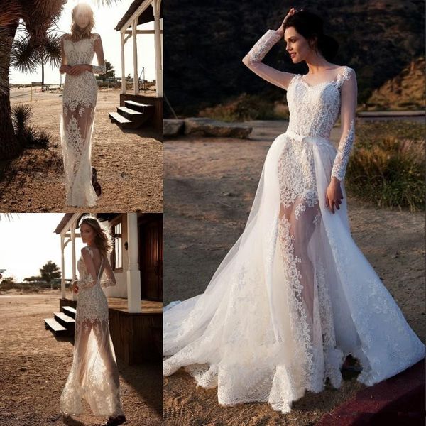 style see through removable skirt wedding dresses long sleeve appliques lace mermaid bridal gowns custom size, White
style see through removable skirt wedding dresses long sleeve appliques lace mermaid bridal gowns custom size, White