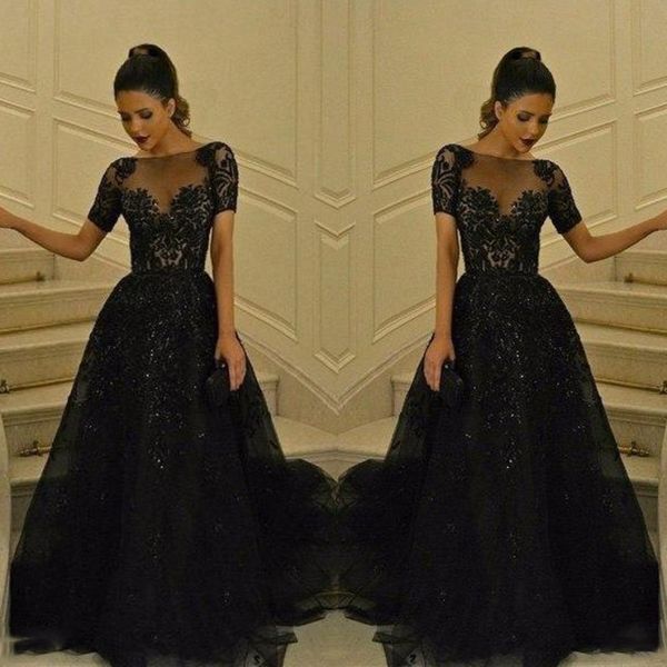 black sheer neck prom dresses short sleeves lace appliques full length ruched tulle dresses evening wear saudi arabic formal vestidos
black sheer neck prom dresses short sleeves lace appliques full length ruched tulle dresses evening wear saudi arabic formal vestidos
