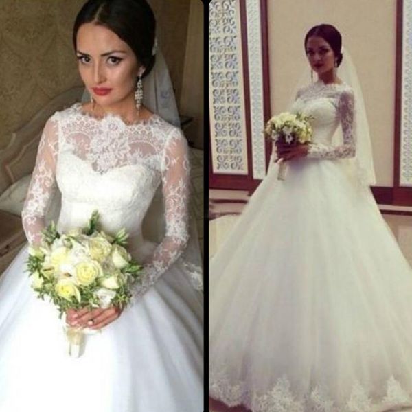 gorgeous long sleeve ball gown wedding dresses illusion bateau neckline lace tulle skirt arabic bridal gowns appliqued hem, White
gorgeous long sleeve ball gown wedding dresses illusion bateau neckline lace tulle skirt arabic bridal gowns appliqued hem, White