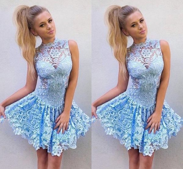 2018 short mini full lace cocktail dresses light sky blue high neck sleeveless homecoming party gown custom made a line prom celebrity dress, Black
2018 short mini full lace cocktail dresses light sky blue high neck sleeveless homecoming party gown custom made a line prom celebrity dress, Black
