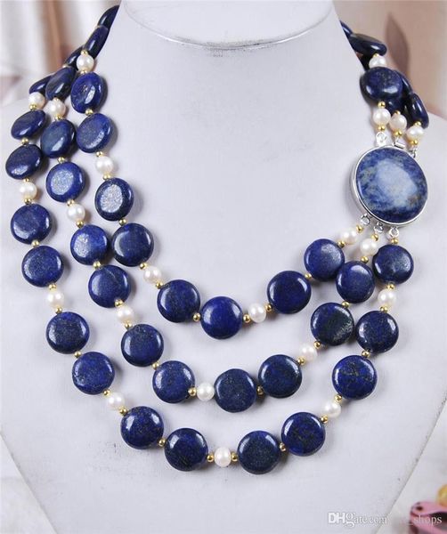 natural 3 rows white akoya cultured pearl & coin lapis lazuli necklace 18-20", Silver
natural 3 rows white akoya cultured pearl & coin lapis lazuli necklace 18-20", Silver