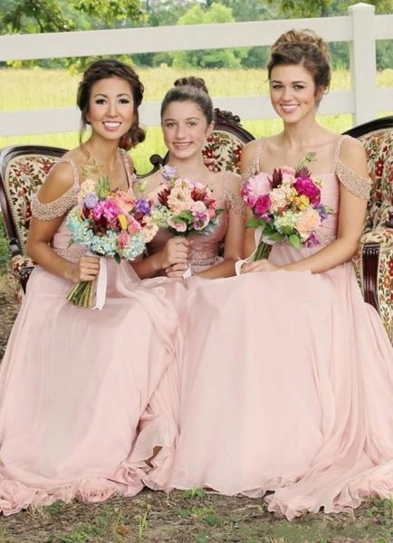 blush chiffon a line country long bridesmaid dresses elegant off shoulder spaghetti straps beaded maid of honor dresses, White;pink
blush chiffon a line country long bridesmaid dresses elegant off shoulder spaghetti straps beaded maid of honor dresses, White;pink