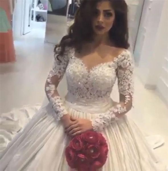 a-line satin appliqued sequins sheer neck buttons arabic bridal dress wedding gowns beautiful long sleeve wedding dresses custom made, White
a-line satin appliqued sequins sheer neck buttons arabic bridal dress wedding gowns beautiful long sleeve wedding dresses custom made, White