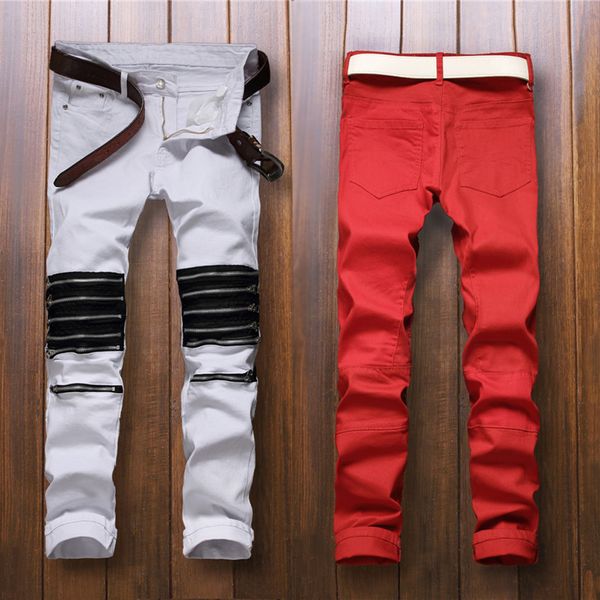 wholesale- 2016 mens knee zipper straight jeans red and white ripped slim fit jeans fashion mens nightclub hole jeans hiphop street pants, Blue
wholesale- 2016 mens knee zipper straight jeans red and white ripped slim fit jeans fashion mens nightclub hole jeans hiphop street pants, Blue