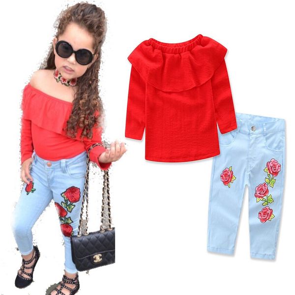 2017 news ins gilr boutique clothes sets girl red off shoulder + rose jeans denim pant 2pcs sets kids clothes suits, White
2017 news ins gilr boutique clothes sets girl red off shoulder + rose jeans denim pant 2pcs sets kids clothes suits, White