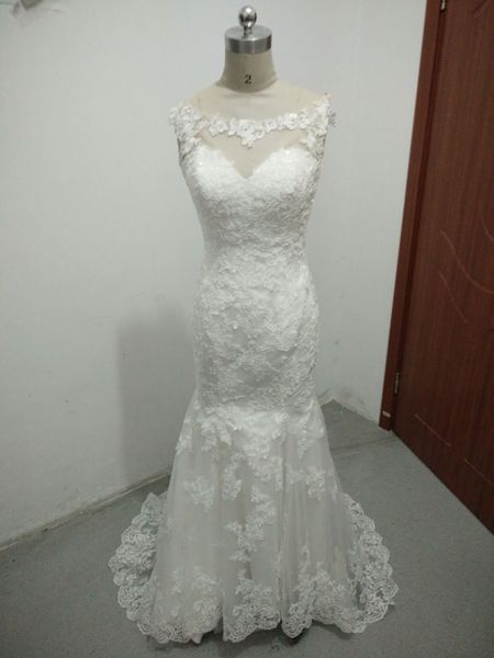 real ps elegant sleeveless long mermaid lace v-neck wedding dress illusion back with button floor length bridal gown with zipper, White
real ps elegant sleeveless long mermaid lace v-neck wedding dress illusion back with button floor length bridal gown with zipper, White