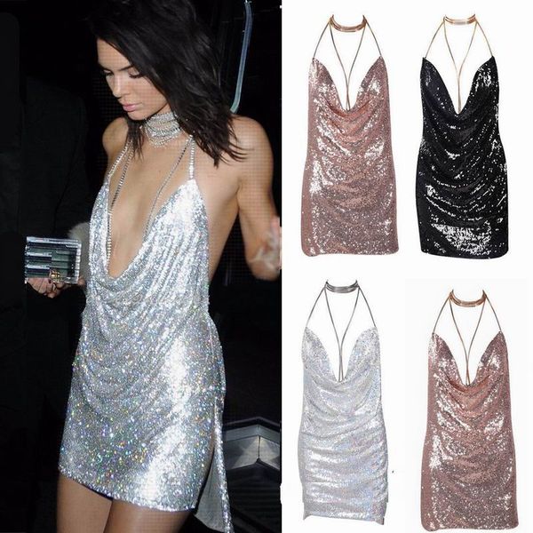 

Cocktail Dresses Sexy Elegant Womens Backless Sequin Dress Ladies Kendall Chain Choker Slip Dress Evening Party Prom Gowns, Champagne