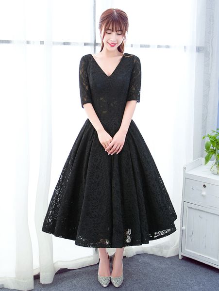 lace v neck evening dresses 2020 black dark red tea length evening gowns lace up party dress, Black;red
lace v neck evening dresses 2020 black dark red tea length evening gowns lace up party dress, Black;red