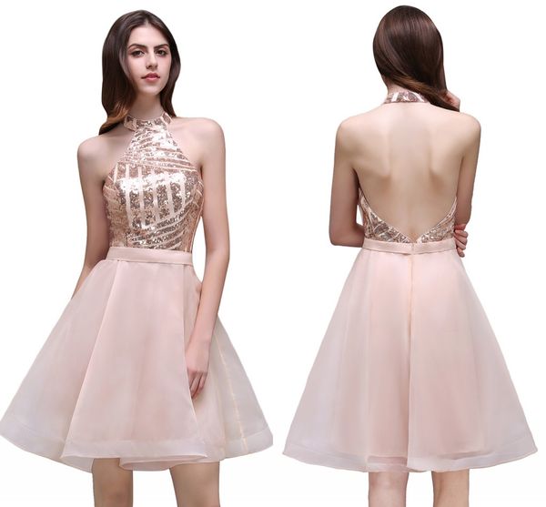 new country style sequined bridesmaid dresses halter short homecoming dresses backless tulle a line wedding party dress prom cps507, White;pink
new country style sequined bridesmaid dresses halter short homecoming dresses backless tulle a line wedding party dress prom cps507, White;pink