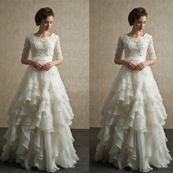 new arrival modest lace wedding dresses scoop neckline beaded crystal floor length a-line half sleeve organza ruffled bridal gowns w1605, White
new arrival modest lace wedding dresses scoop neckline beaded crystal floor length a-line half sleeve organza ruffled bridal gowns w1605, White