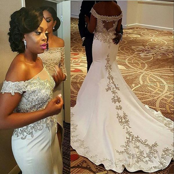 vintage off the shoulder mermaid wedding dresses sheer neck lace appliques beads back satin bridal dress african wedding gowns, White
vintage off the shoulder mermaid wedding dresses sheer neck lace appliques beads back satin bridal dress african wedding gowns, White