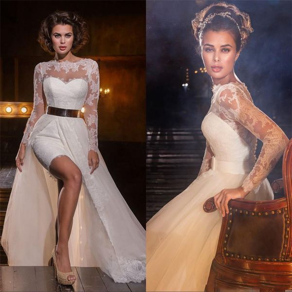 new two pieces long sleeves wedding dresses lace sheer back removable train detachable skirt vestidos de noiva, White
new two pieces long sleeves wedding dresses lace sheer back removable train detachable skirt vestidos de noiva, White