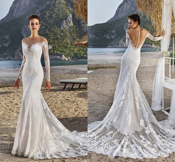 2017 berta sheer neck full lace appliques mermaid wedding dresses vintage covered button illusion back long sleeves bridal gowns sweep train, White
2017 berta sheer neck full lace appliques mermaid wedding dresses vintage covered button illusion back long sleeves bridal gowns sweep train, White
