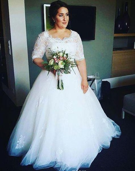 elegant half sleeve plus size wedding dresses jewel neck lace appliques tulle a line sweep train bridal gowns custom size, White
elegant half sleeve plus size wedding dresses jewel neck lace appliques tulle a line sweep train bridal gowns custom size, White