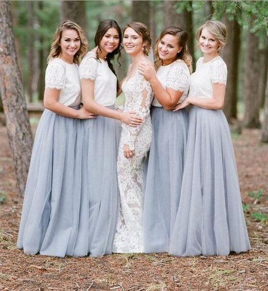 2018 elegant dusty blue two pieces tulle country long bridesmaid dresses short sleeves lace applique floor length evening party prom, Blue;red
2018 elegant dusty blue two pieces tulle country long bridesmaid dresses short sleeves lace applique floor length evening party prom, Blue;red