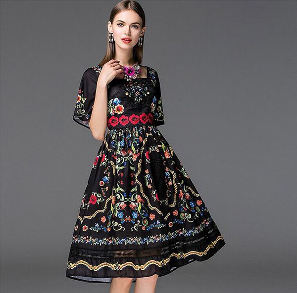 new arrival womens square neckline short sleeves floral printed embroidery elegant runway dresses in 2 colors, Black
new arrival womens square neckline short sleeves floral printed embroidery elegant runway dresses in 2 colors, Black