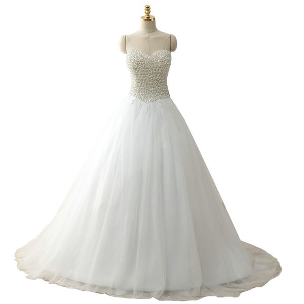 see through back a line wedding dresses with pearls 2017 romantic court train bridal gowns, White
see through back a line wedding dresses with pearls 2017 romantic court train bridal gowns, White