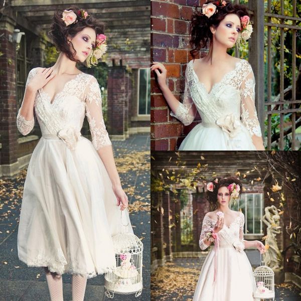 beach three quarter sleeves short wedding dresses real p 2017 vintage a-line lace tea length v-neck bridal gowns custom made, White
beach three quarter sleeves short wedding dresses real p 2017 vintage a-line lace tea length v-neck bridal gowns custom made, White
