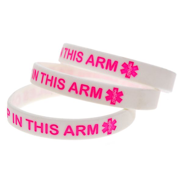 100pcs alert breast cancer silicone rubber bracelet debossed no needles or bp in this arm, Black
100pcs alert breast cancer silicone rubber bracelet debossed no needles or bp in this arm, Black