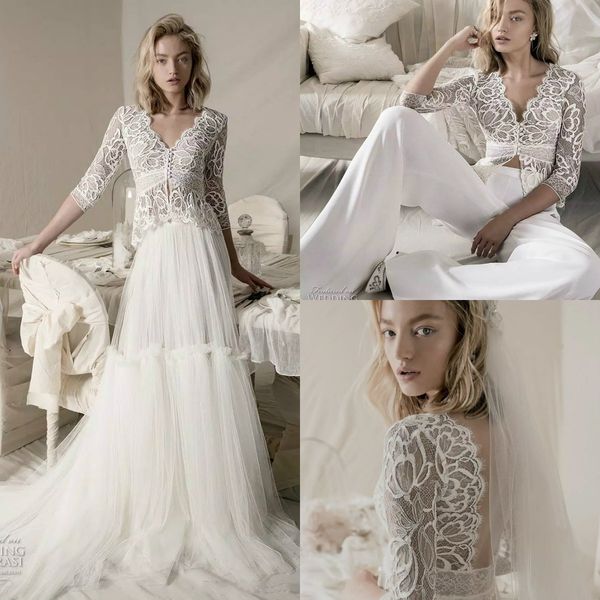 three pieces pants wedding dresses with detachable overskirts lace applique 3/4 long sleeve wedding dress deep v neck illusion bridal gown, White
three pieces pants wedding dresses with detachable overskirts lace applique 3/4 long sleeve wedding dress deep v neck illusion bridal gown, White