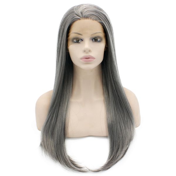 24" long old lady gray silky straight half hand tied heat resistant synthetic fiber lace front fashion wig s02, Black
24" long old lady gray silky straight half hand tied heat resistant synthetic fiber lace front fashion wig s02, Black