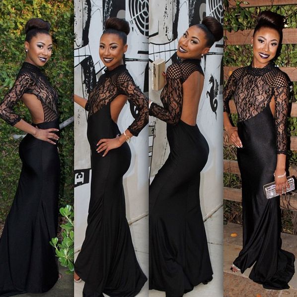 high neck lace long sleeve backless elastic satin mermaid evening dresses guest evening wear prom dress gowns formal cocktail party, Black
high neck lace long sleeve backless elastic satin mermaid evening dresses guest evening wear prom dress gowns formal cocktail party, Black
