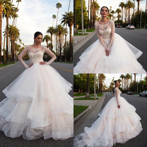 new design sweep train 2019 ball gown wedding dress scoop long sleeve illusion sweetheart tulle tiered skirts appliques country wedding gown, White
new design sweep train 2019 ball gown wedding dress scoop long sleeve illusion sweetheart tulle tiered skirts appliques country wedding gown, White
