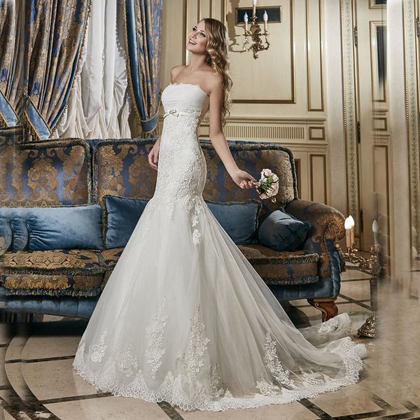 Fashionable Strapless Wedding Dresses 2019 Newest Applique Tulle Mermaid Bridal Gown Lace Up Sleeveless Wedding Gown Vestido De Noiva
Fashionable Strapless Wedding Dresses 2019 Newest Applique Tulle Mermaid Bridal Gown Lace Up Sleeveless Wedding Gown Vestido De Noiva