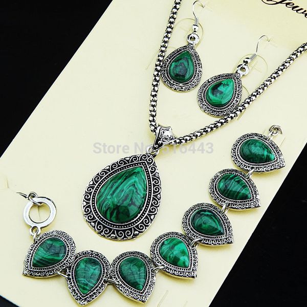 bohemian female pendant 3pcs vintage antique silver water drop natural malachite stone earrings bracelet necklace women jewelry set a1085
bohemian female pendant 3pcs vintage antique silver water drop natural malachite stone earrings bracelet necklace women jewelry set a1085