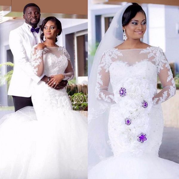 sheer neck mermaid wedding dresses south african lace appliques long sleeves bridal gowns tulle sweep train plus size wedding dress, White
sheer neck mermaid wedding dresses south african lace appliques long sleeves bridal gowns tulle sweep train plus size wedding dress, White