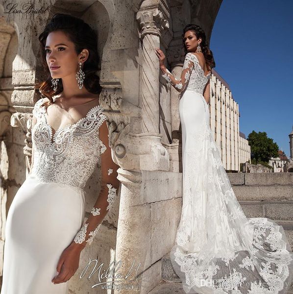 2017 milla nova new mermaid wedding dresses illusion neck long sleeves court train appliqued lace bridal gowns, White
2017 milla nova new mermaid wedding dresses illusion neck long sleeves court train appliqued lace bridal gowns, White