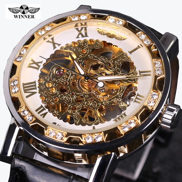 

wholesale- heren horloge winner watch men leather strap mechanical skeleton watches men gold mechanical watches mens erkek kol saati, Slivery;brown