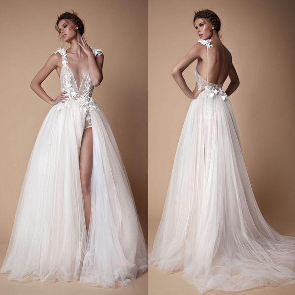 lace backless wedding dresses appliqued beach bridal gowns deep v neck a line sweep train tulle split side vestido de novia, White
lace backless wedding dresses appliqued beach bridal gowns deep v neck a line sweep train tulle split side vestido de novia, White