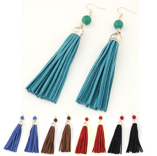 

new boho designs long tassel earrings women fashion leather tassels dangle earrings with beaded drop earring jl, Silver