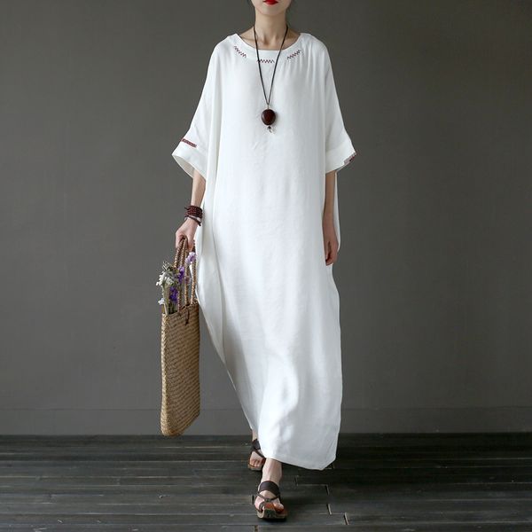 wholesale- solid white plus size linen embroidery women long dress original oversized summer dress linen brand robe longue femme a042, White;black
wholesale- solid white plus size linen embroidery women long dress original oversized summer dress linen brand robe longue femme a042, White;black