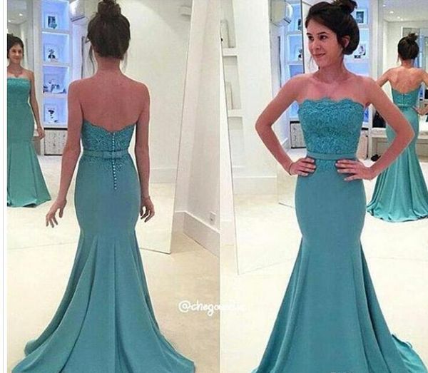 2017 mermaid lace prom dresses strapless lace with sash button covered back long sweep train evening dresses, Black
2017 mermaid lace prom dresses strapless lace with sash button covered back long sweep train evening dresses, Black