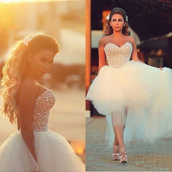short front long back wedding dresses 2020 luxury diamonds crystals tulle sweetheart neck high low bridal gowns custom size, White
short front long back wedding dresses 2020 luxury diamonds crystals tulle sweetheart neck high low bridal gowns custom size, White