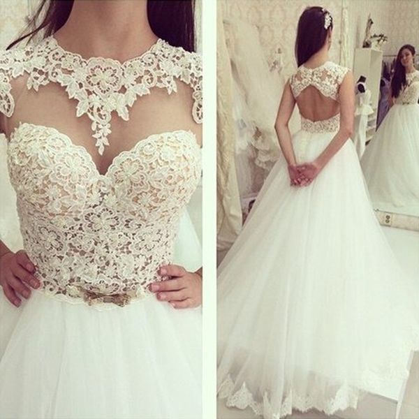 lace a-line wedding dresses cap sleeve backless sheer jewel neck appliques court train bridal gowns vestido de novia, White
lace a-line wedding dresses cap sleeve backless sheer jewel neck appliques court train bridal gowns vestido de novia, White