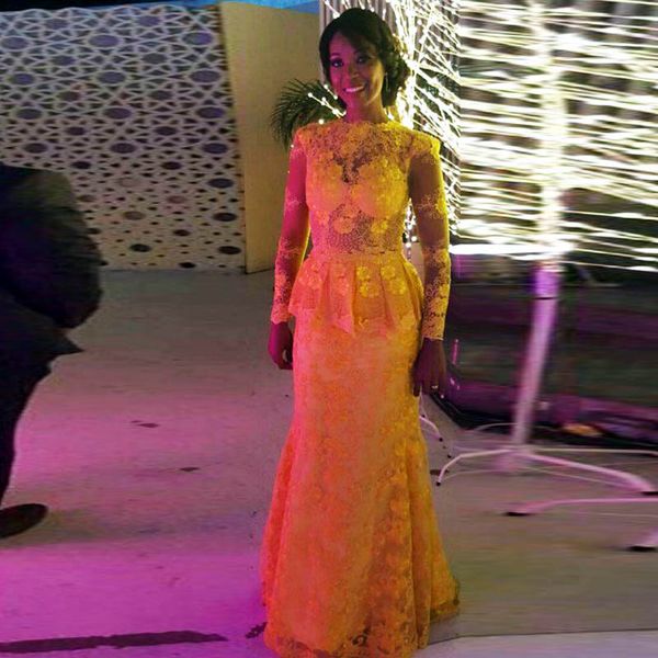 new africa long sleeve yellow lace reception dress peplum ruffles evening gown floor length hollow back with covered button prom dresses, Black;red
new africa long sleeve yellow lace reception dress peplum ruffles evening gown floor length hollow back with covered button prom dresses, Black;red
