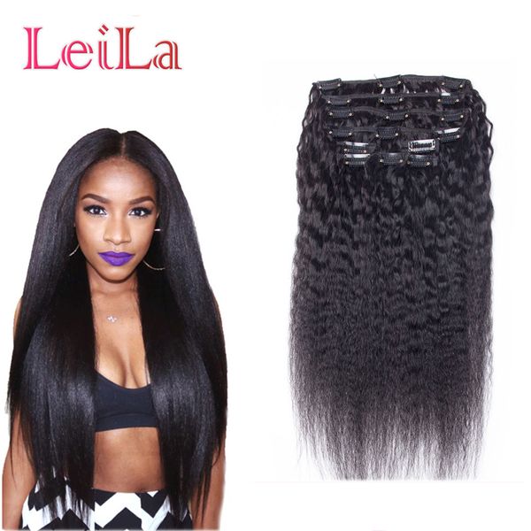 indian 7pieces set kinky straight clip in hair weft extensions natural black coarse yaki human hair weaves 70-120g, Black;brown