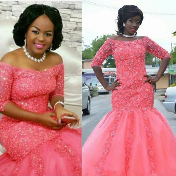 water melon mermaid prom dresses lace appliques beads off the shoulder evening gowns half long sleeves mermaid plus size women vestidos, Black
water melon mermaid prom dresses lace appliques beads off the shoulder evening gowns half long sleeves mermaid plus size women vestidos, Black