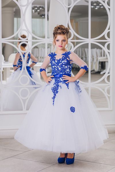 new flower girl dresses royal blue bow sashes o-neck three quarter lace ball gown formal pageant communion gown vestido, White;blue
new flower girl dresses royal blue bow sashes o-neck three quarter lace ball gown formal pageant communion gown vestido, White;blue