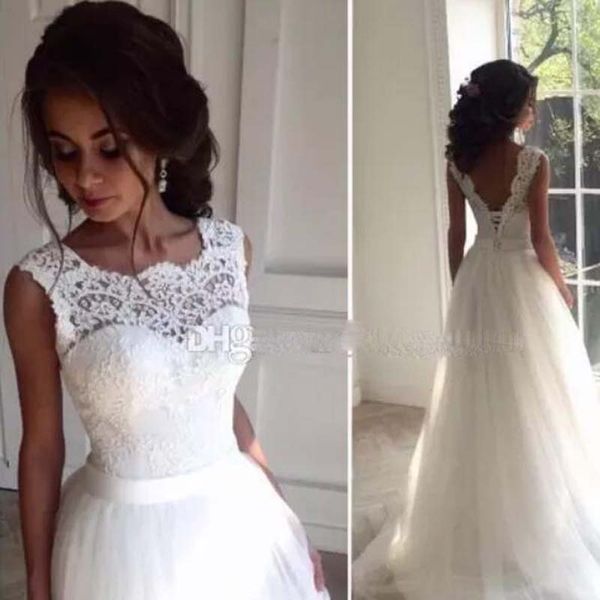 2017 modest lace wedding dresses scoop tulle princess corset backless country wedding gowns beach wedding dresses with sash sweep train, White
2017 modest lace wedding dresses scoop tulle princess corset backless country wedding gowns beach wedding dresses with sash sweep train, White