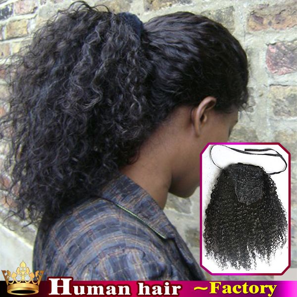 

wholesale- 100% brazilian clip in human ponytail hair extensions kinky curly drawstring ponytail afro puffs virgin curly ponytails 80~140g, Black