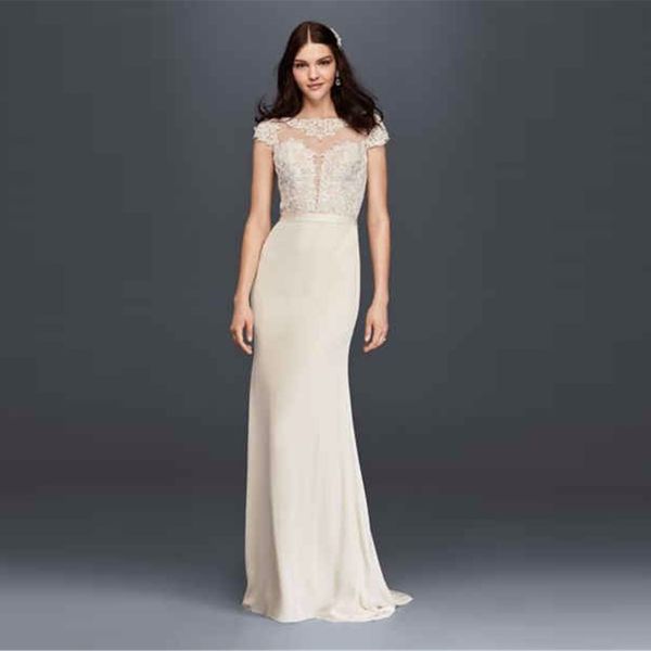 cap sleeve crepe wedding dress with plunge bodice 2019 lace illusion see through design back bridal gowns swg761, White
cap sleeve crepe wedding dress with plunge bodice 2019 lace illusion see through design back bridal gowns swg761, White