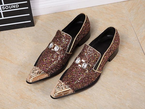 Shinny Glitter Men Wedding Shoes Flat Men Gold Metal Tip Dress Shoes Leather Slip On Men Loafers
Shinny Glitter Men Wedding Shoes Flat Men Gold Metal Tip Dress Shoes Leather Slip On Men Loafers