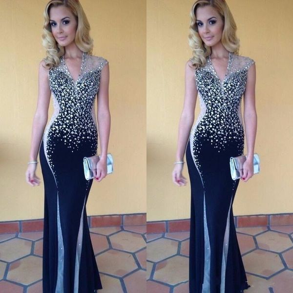 2017 v neck sheer satin mermaid evening dresses cap sleeves tulle beaded stones floor length runaway red carpet formal prom party gowns, Black;red
2017 v neck sheer satin mermaid evening dresses cap sleeves tulle beaded stones floor length runaway red carpet formal prom party gowns, Black;red