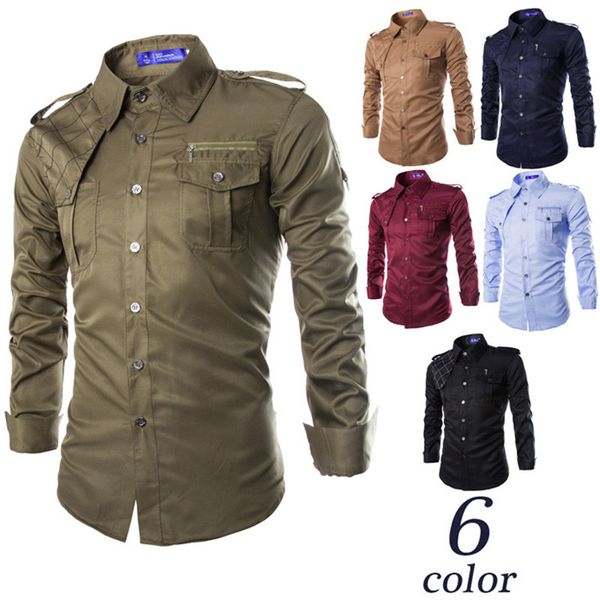 

wholesale- 2016 new arrival mens cargo shorts casual solid colors men shirt long sleeve camisa homme masculina slim men's army green sh, White;black