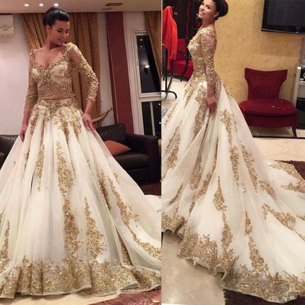 luxury gold beads wedding dress with long sleeves two pieces plus size wedding gowns vintage sheer bridal dresses, White
luxury gold beads wedding dress with long sleeves two pieces plus size wedding gowns vintage sheer bridal dresses, White