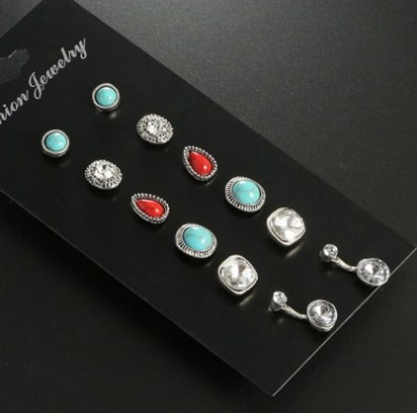 

chic stud earrings sets( 6 pairs each sets) waterdrop fake gemstone ,geometric turquoise decorated ear stud earrings gifts for her, Golden;silver